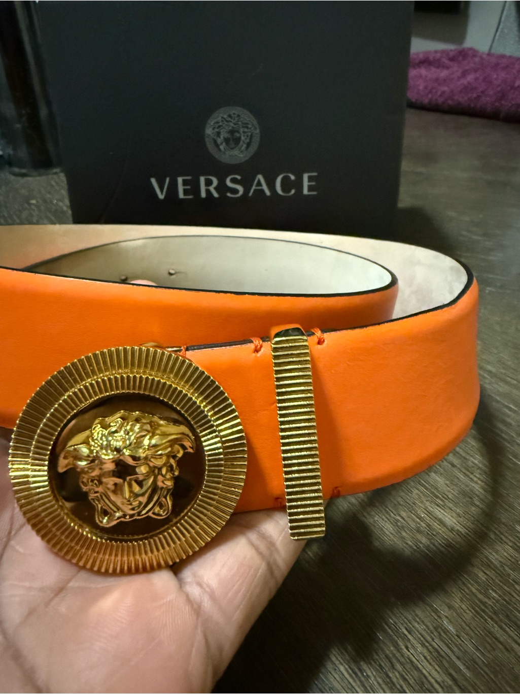 Versace Orange And Gold Leather Belt